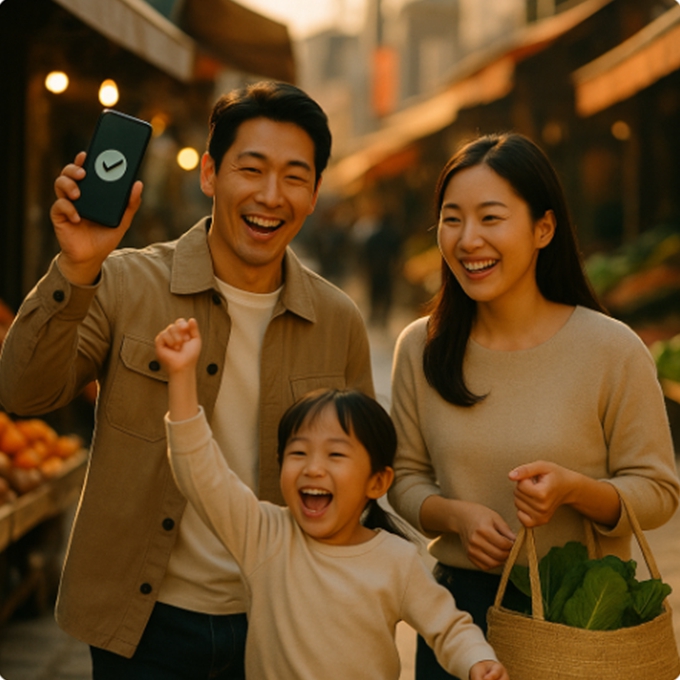 가족이 전통시장 앞에서 카드 결제 알림을 보며 즐거워하는 장면