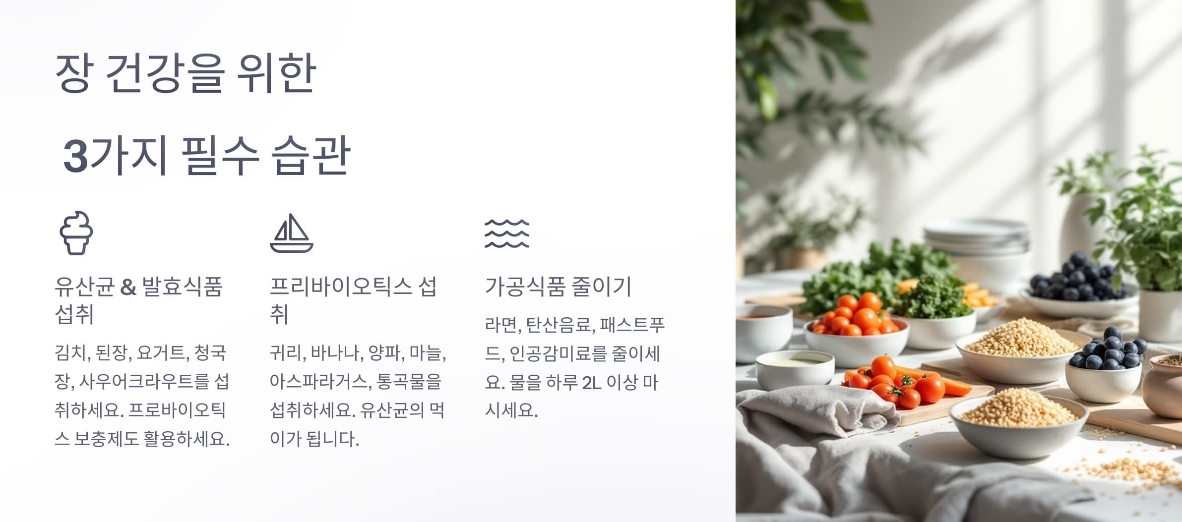 프리바이오틱스와 프로바이오틱스를 포함한 장 건강 식품과 피해야할 식품을 요약한 인포그래픽