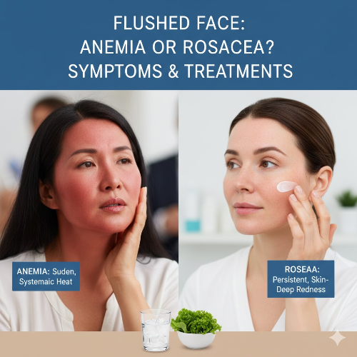 거울 앞에 선 중년 남성이 붉게 달아오른 자신의 뺨을 조심스럽게 살피며 곤란해하는 표정을 짓고 있다. 이미지의 한쪽에는 안면 홍조를 유발할 수 있는 뜨거운 커피와 매운 음식이 붉은색 경고 표시와 함께 배치되어 있고, 반대쪽에는 피부 열감을 내려주는 시원한 오이 팩과 차가운 물 한 잔이 초록색 체크 표시와 함께 대비되어 나타나 있다. 배경에는 'FACIAL FLUSHING: CAUSES &amp; SOLUTIONS'라는 영문 텍스트가 선명하게 적혀 있다