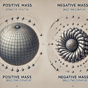 음의 질량과 양의 질량의 중력 효과를 비교하는 다이어그램
