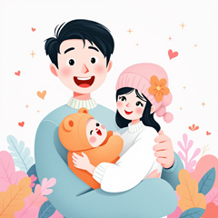 행복하게 아기를 안고 있는 젊은 부부 모습.