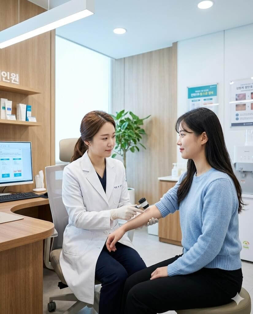 백반증으로 피부과를 방문해 검사중인 여성의 모습과 의사