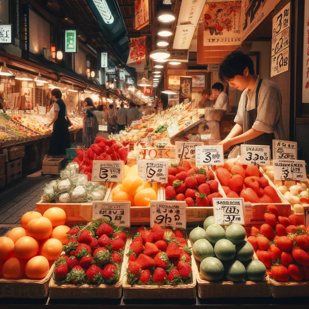 오사카 쿠로몬 시장에서 신선한 딸기와 멜론을 파는 과일 가판대 풍경.