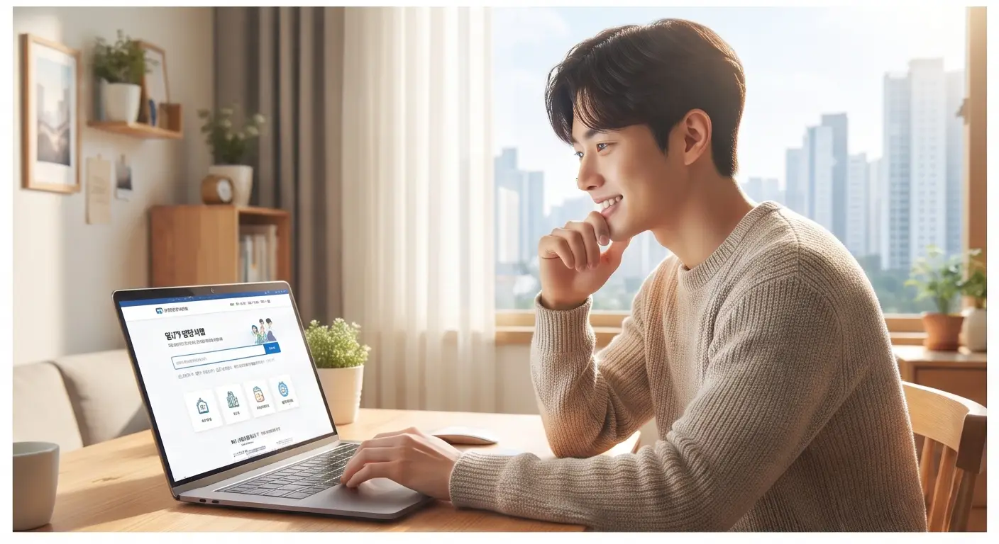 도시가 내려다보이는 창가 책상에서 노트북으로 복지로 주거급여 및 월세 지원 정보를 확인하며 미소 짓는 남성