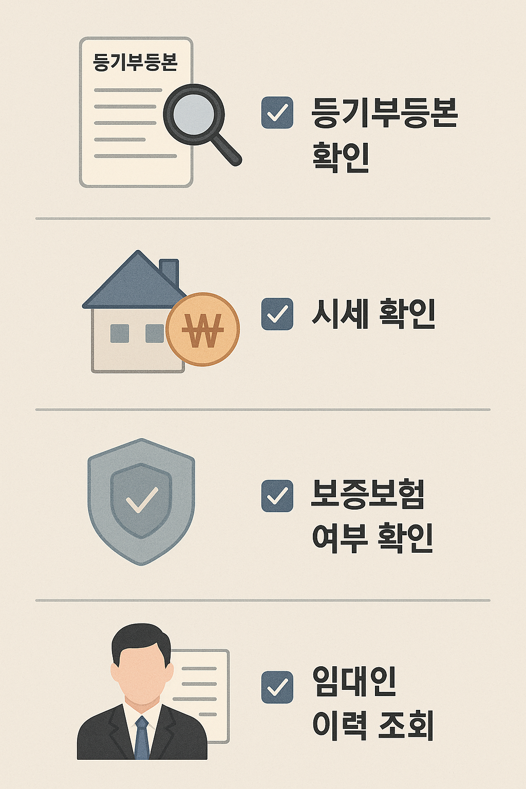 전세사기 예방 체크리스트 이미지 – 등기부등본 확인, 시세 확인, 보증보험 여부 확인, 임대인 이력 조회를 아이콘과 체크마크로 구성한 인포그래픽