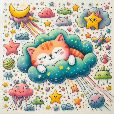 고양이가 구름 속에서 꿈을 꾸며 행복한 표정을 짓고 있다.