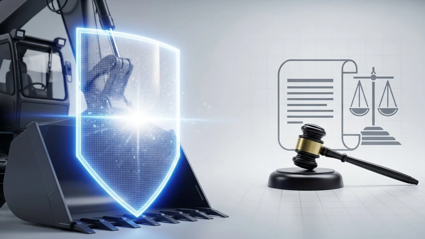 산업 기계에 설치된 노란색 방호조치 안전장치와 법적 처벌을 상징하는 판사봉이 나란히 놓여 산업안전보건법 위반 시 처벌 기준을 시각적으로 나타내는 이미지.