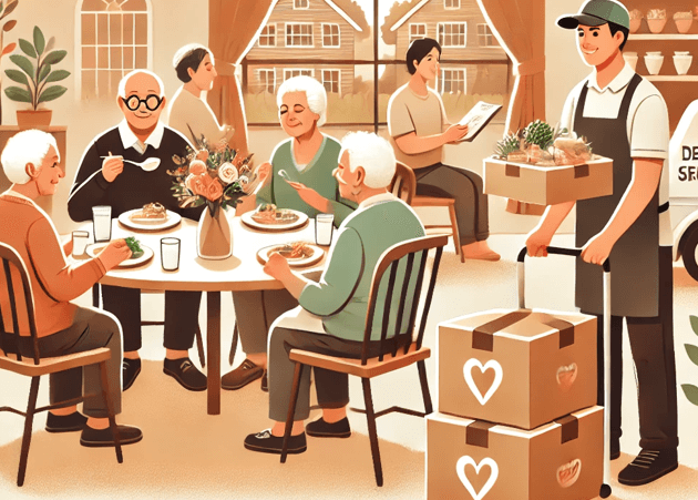 노인들이 원탁에 모여 식사하는 그림