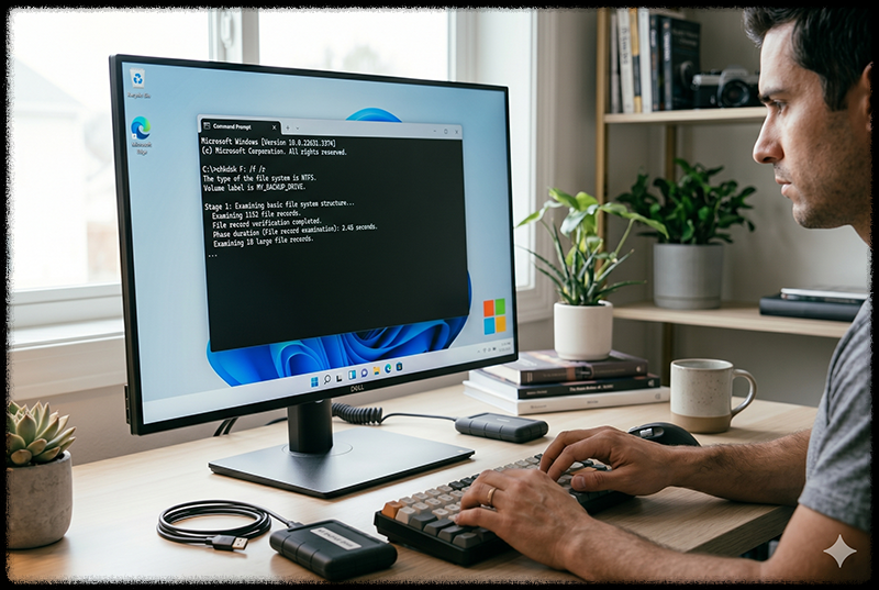 명령 프롬프트에서 외장하드 오류를 검사하는 모습