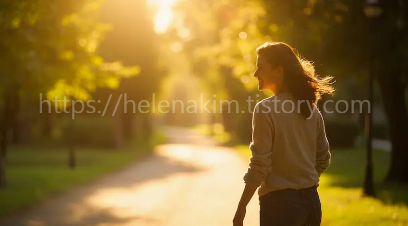 아침 햇살을 받으며 운동하는 여성