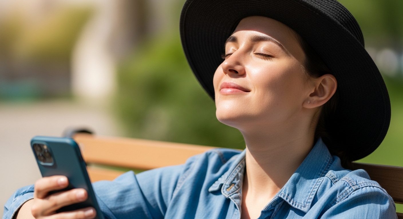 스마트폰 사용 후 먼 곳을 바라보며 눈을 쉬게 하는 모습