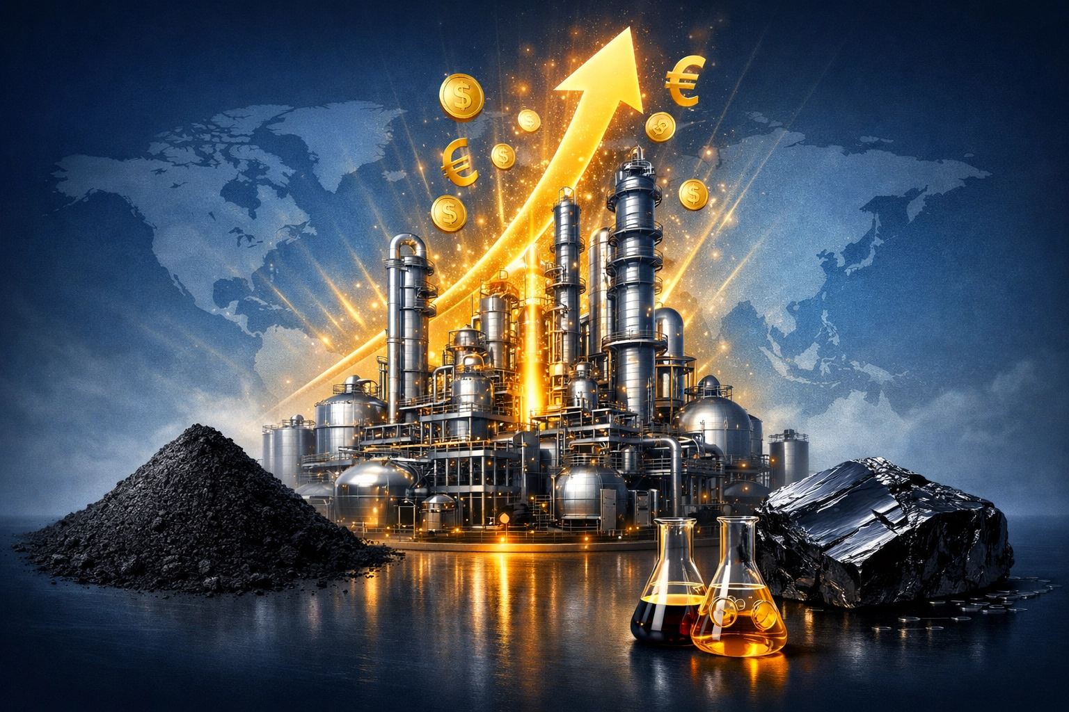 강력한 생산 인프라: 중앙에 현대적이고 거대한 화학 공장 단지를 배치하여 OCI의 독보적인 생산 역량을 상징했습니다.
주요 제품군: 카본블랙(분말), 피치(고체), BTX(액체) 등 카본케미칼의 핵심 제품들을 전면에 배치하여 사업의 실체를 보여줍니다.
수익의 흐름: 공장에서 솟아오르는 황금색 화살표와 동전 기호들을 통해 지속적이고 안정적인 현금 흐름을 창출하는 '캐시카우'로서의 역할을 표현했습니다.
글로벌 네트워크: 배경의 세계 지도를 통해 전 세계로 뻗어 나가는 OCI의 글로벌 경쟁력과 시장 지배력을 시각화했습니다.