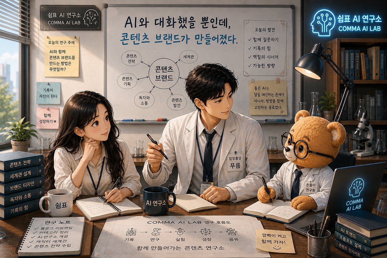 화이트보드 앞에서 콘텐츠 전략을 함께 연구하는 쉼표, 참모총장 푸름, 연구원 은돌이