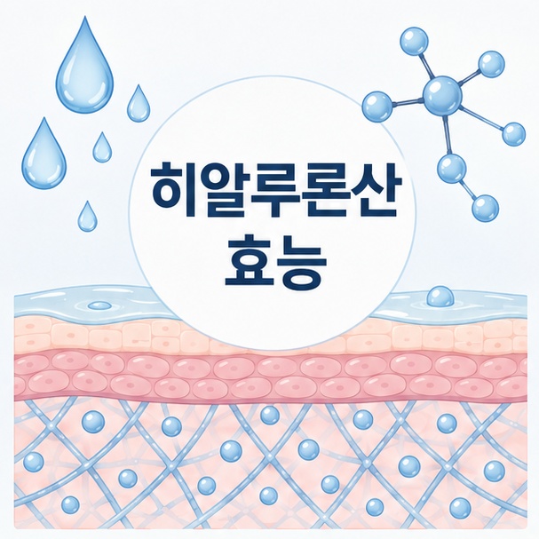 피부 단면과 물방울을 이용해 히알루론산이 수분을 유지하는 성질을 소개하는 그림