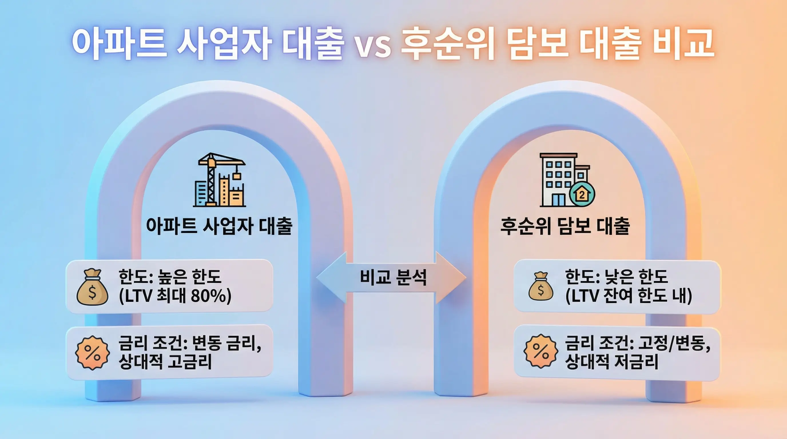 아파트 사업자 대출과 후순위 담보 대출의 한도 및 금리 조건을 비교하는 3D 인포그래픽