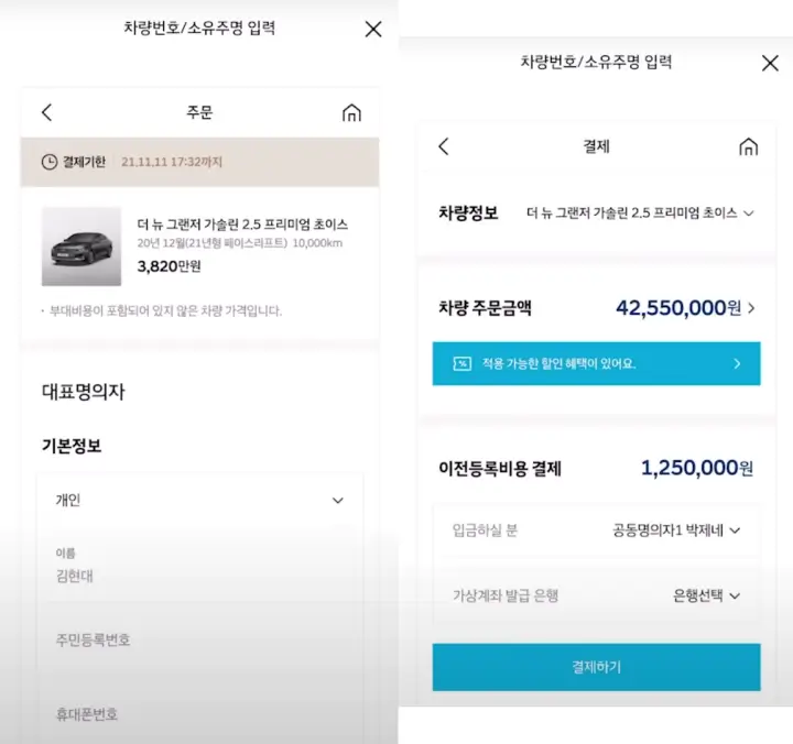 명의자 정보 입력 및 결제 화면