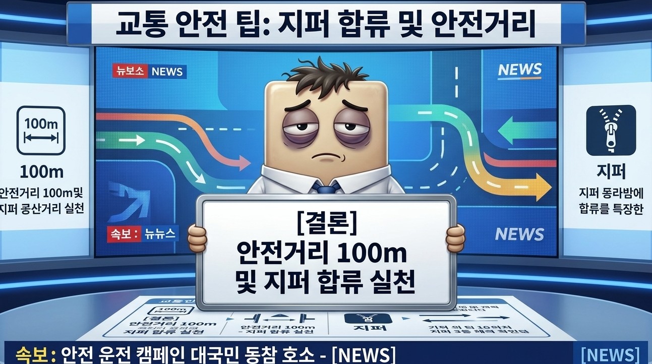 [결론] 안전거리 100m 및 지퍼 합류 실천 (이해를 돕기 위한 요약 이미지)