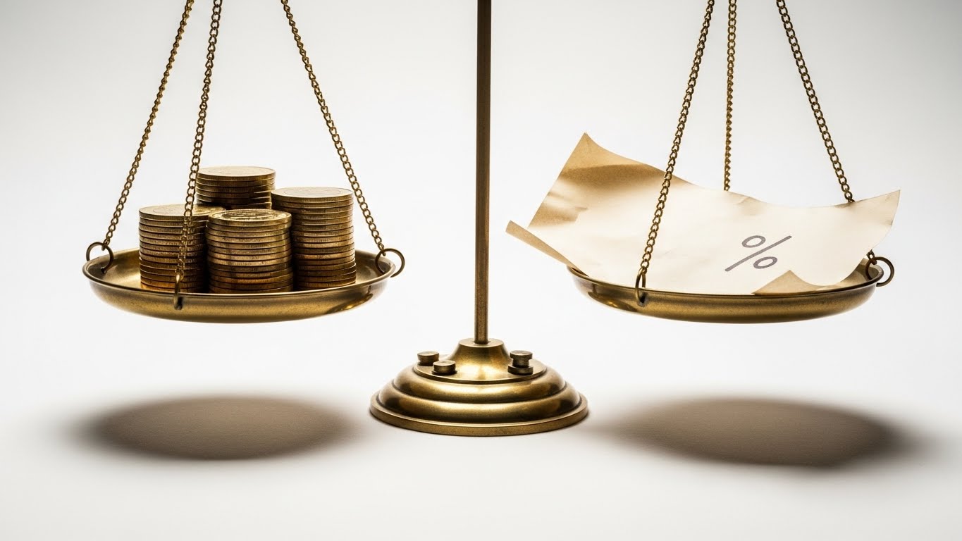 저금리 대출이 가져다주는 거대한 자산 가치와 이자 절감 효과를 상징하는 저울