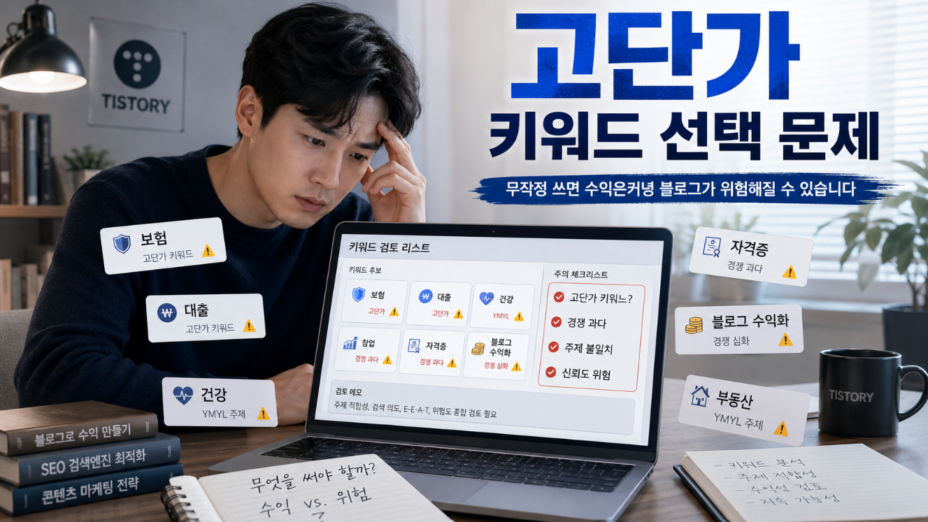 애드센스 수익화를 위해 고단가 키워드를 선택할 때 경쟁도와 주제 일치성을 점검하는 문제 상황 이미지