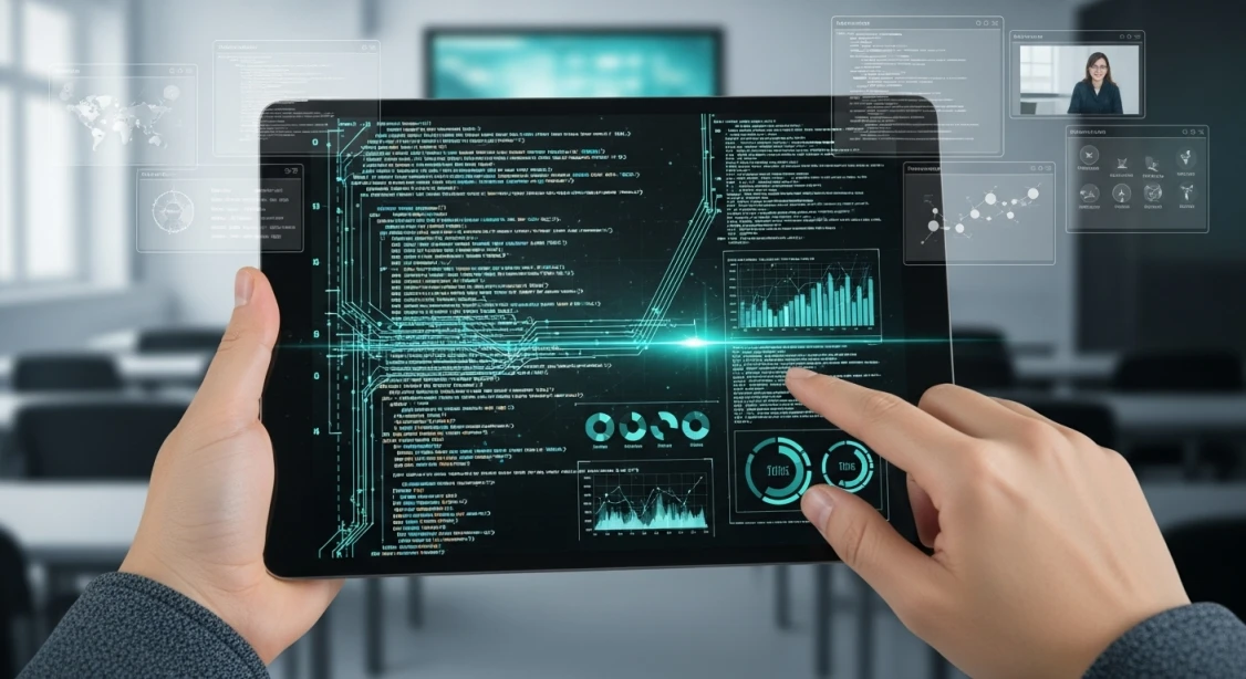 태블릿으로 디지털 교육 콘텐츠를 집중해서 공부하는 모습