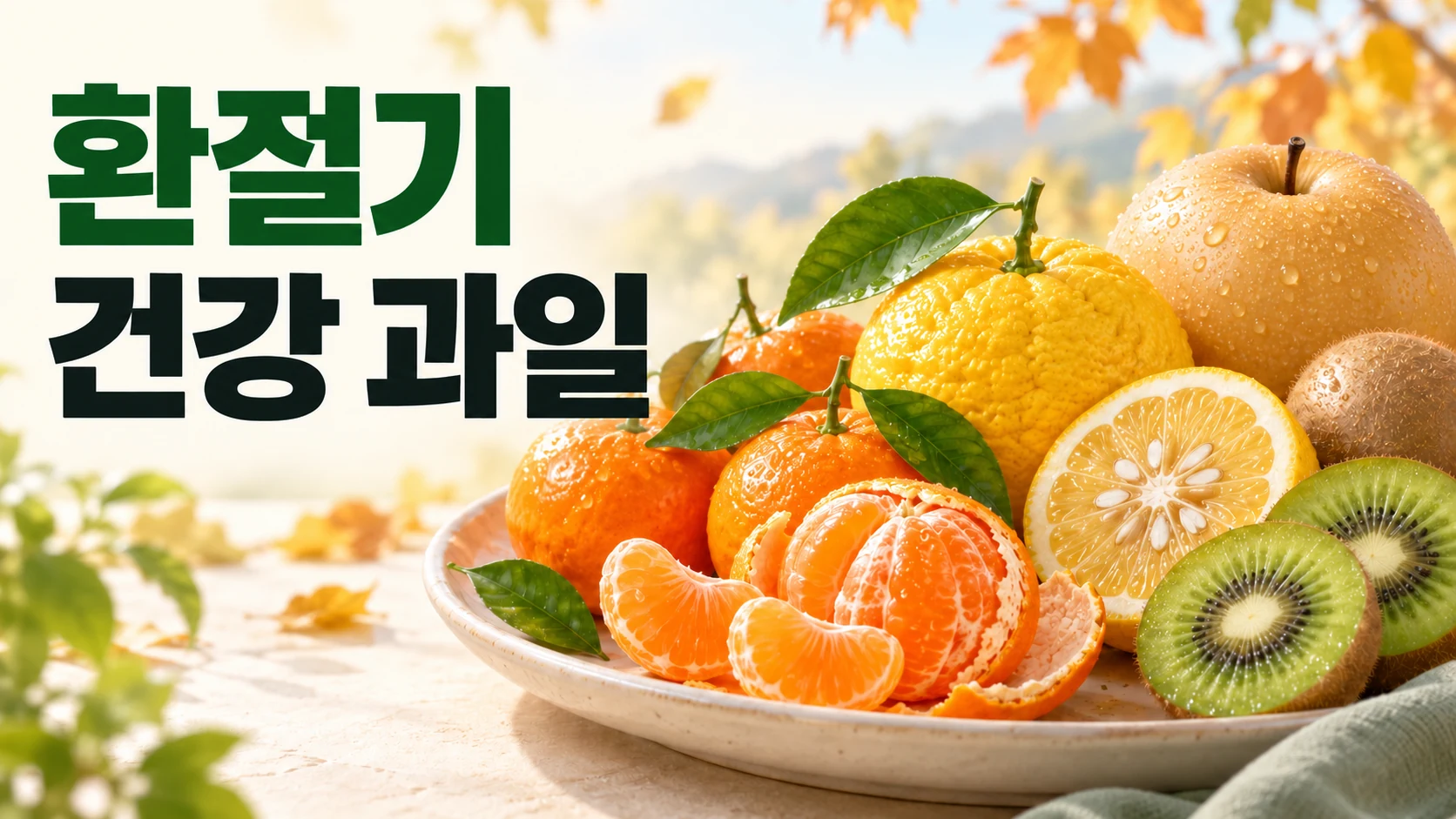 환절기 건강 관리를 위해 귤, 유자, 키위 등 신선한 과일들이 놓여 있는 모습