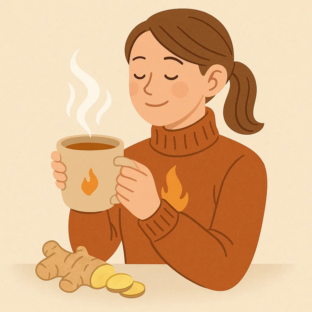 생강차가-몸을-따뜻하게-해주는-이유를-표현한-일러스트로,-여성이-따뜻한-생강차를-들고-미소짓는-모습과-테이블-위의-생강이-함께-그려져,-혈액순환-촉진과-체온-유지를-상징함.