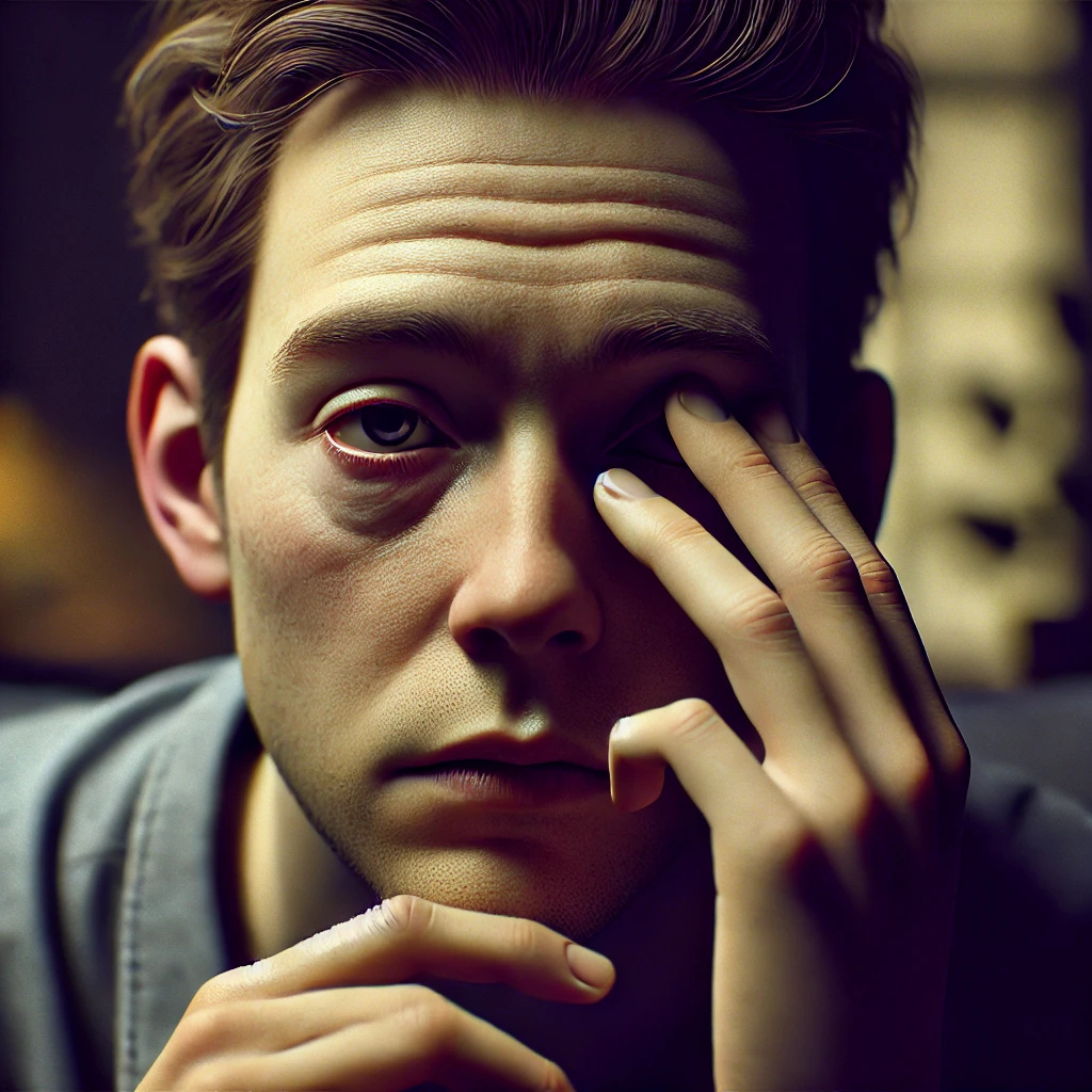 눈 주변을 손으로 누르며 피로함을 표현하는 이미지