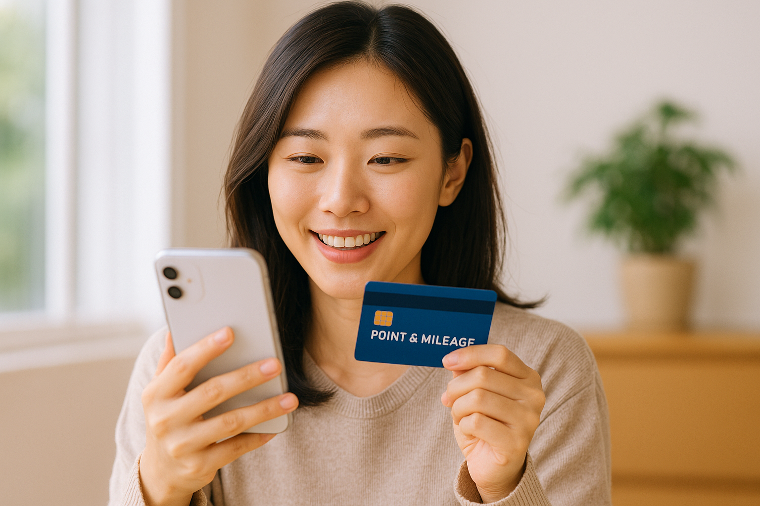 카드 포인트 &amp; 마일리지 챙기는 여성 