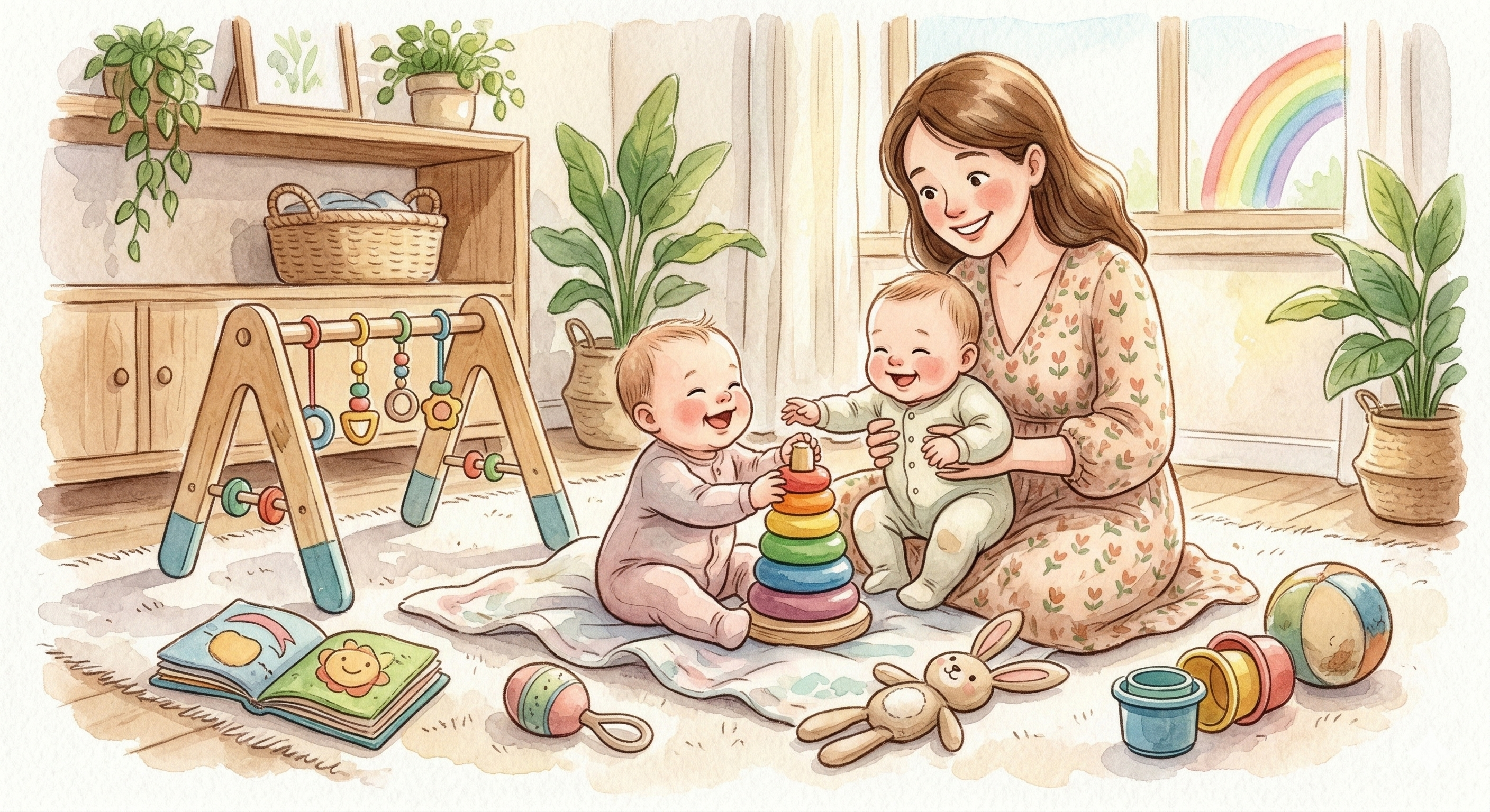 A watercolor painting of a smiling mother and two happy babies playing with various toys in a cozy living room.