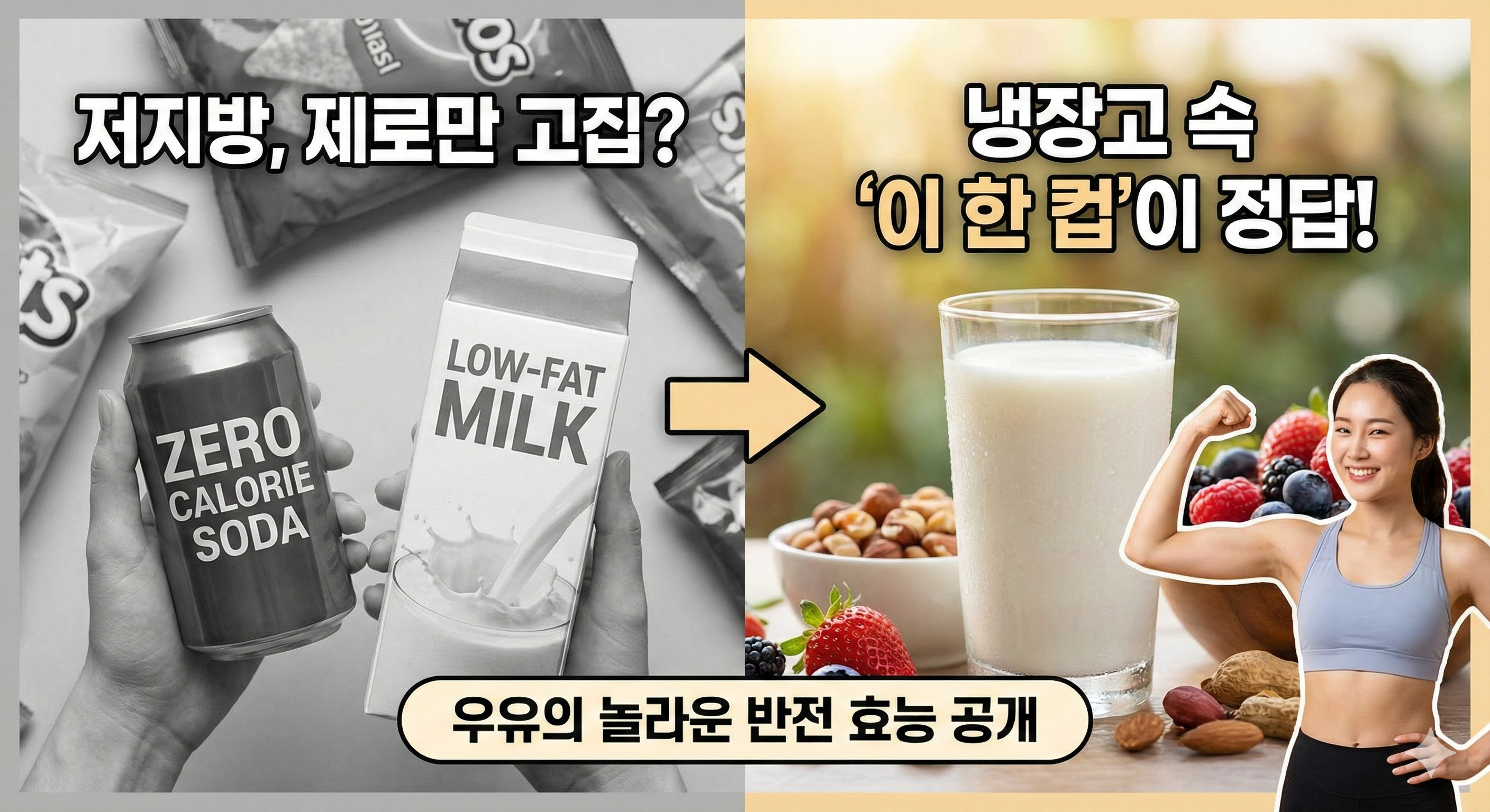 최근 유행하는 제로칼로리 음료 대신 우유를 권장하는 이미지
