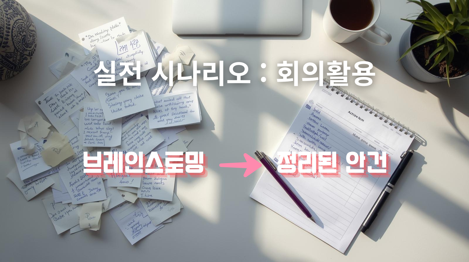 좌우 분할 사진. 왼쪽은 각종 아이디어가 적힌 메모장들이 놓여있고, 오른쪽은 잘 정리된 내용이 회의록이 기록되어 있음