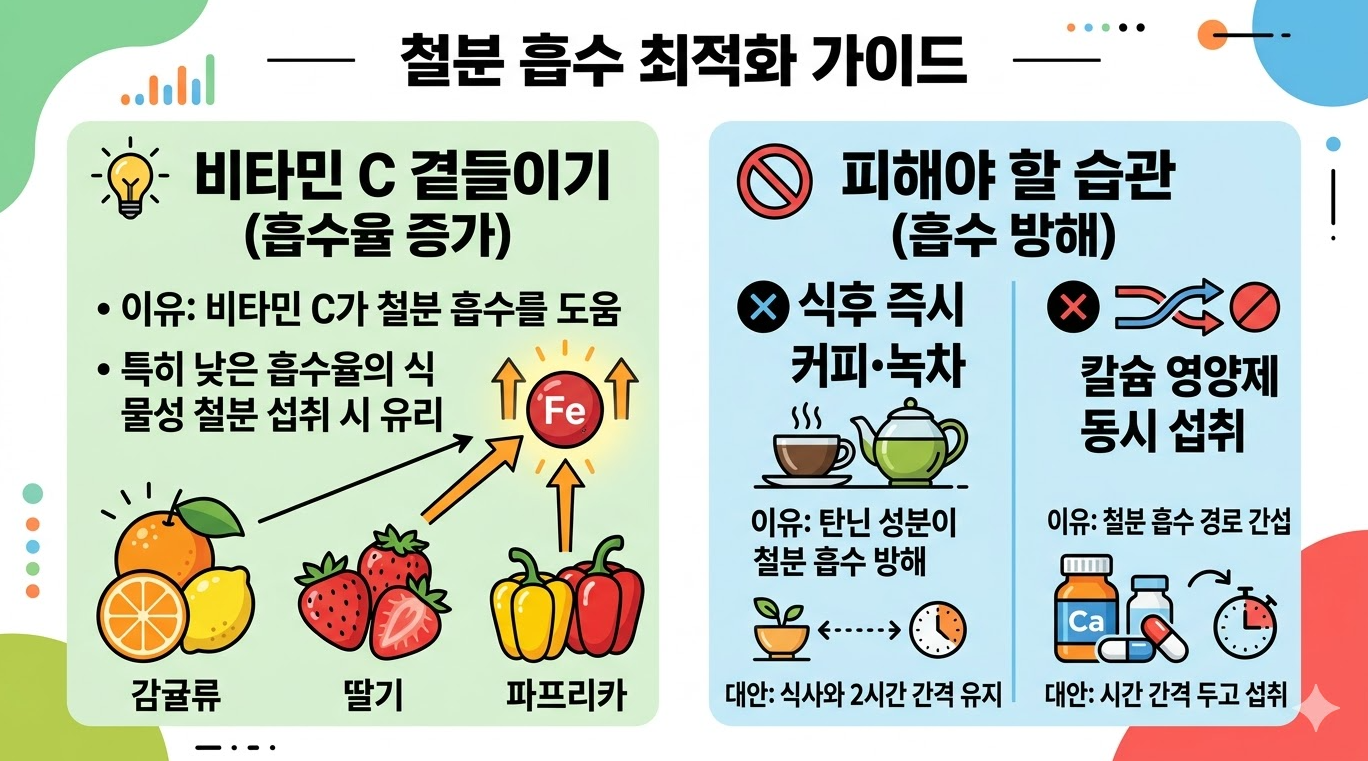 철분 흡수 증가 비타민 C 과일과 채소 조합 인포그래픽