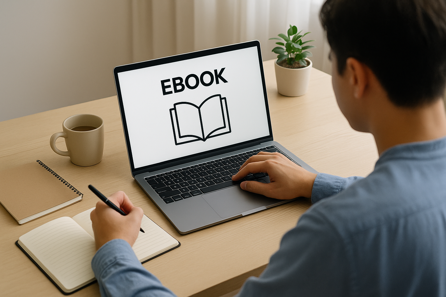 전자책 제작을 위해 노트북 앞에서 작업 중인 사람의 모습