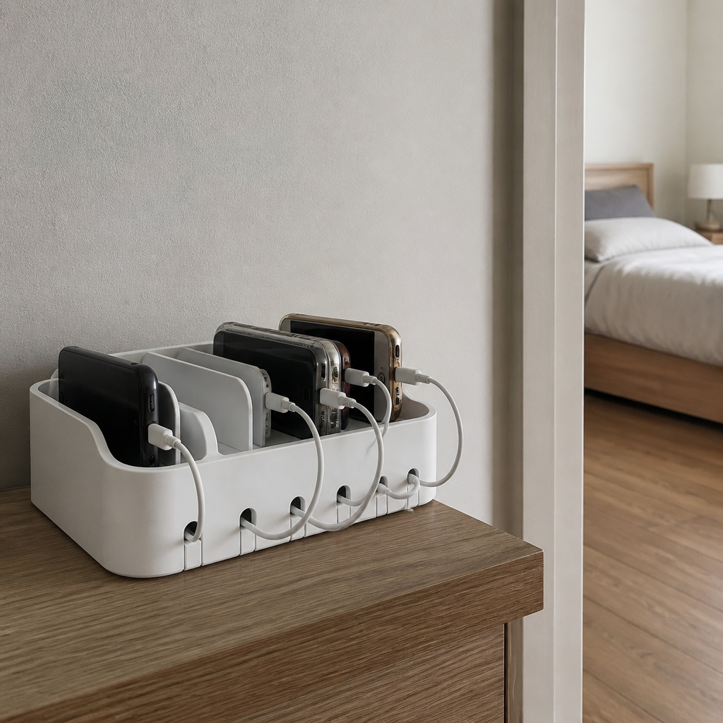 침실 밖 공용 공간에 놓인 스마트폰 충전 자리