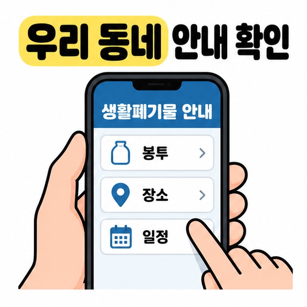 스마트폰의 생활폐기물 안내 화면에서 거주 지역의 봉투, 배출 장소와 일정을 확인하는 모습