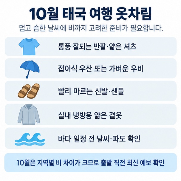얇은 여름옷 접이식 우산 가벼운 겉옷 방수 신발을 보여주는 10월 태국 여행 준비물 체크리스트