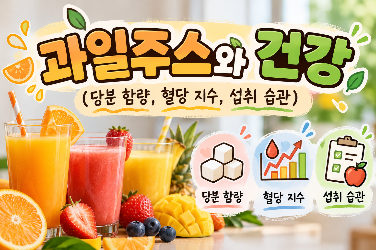 과일주스와 건강을 주제로 당분 함량, 혈당 지수, 섭취 습관을 소개하는 썸네일 이미지. 오렌지주스, 딸기주스, 파인애플주스와 다양한 과일이 배치되어 있으며, 각 주제는 각설탕, 혈당 그래프, 체크리스트 아이콘으로 표현되어 있다.