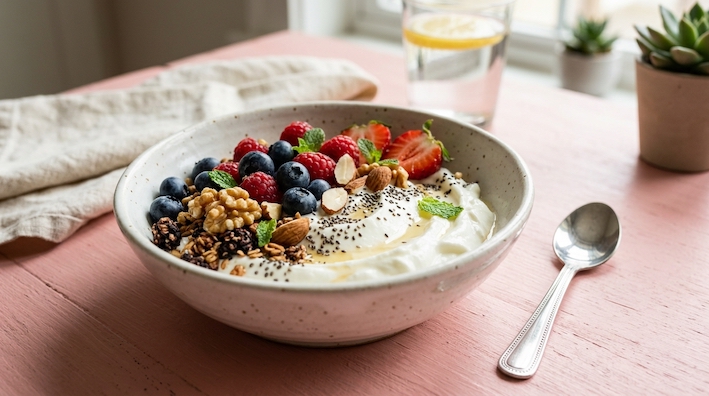 yogurt bowl with berries, nuts and chia seeds