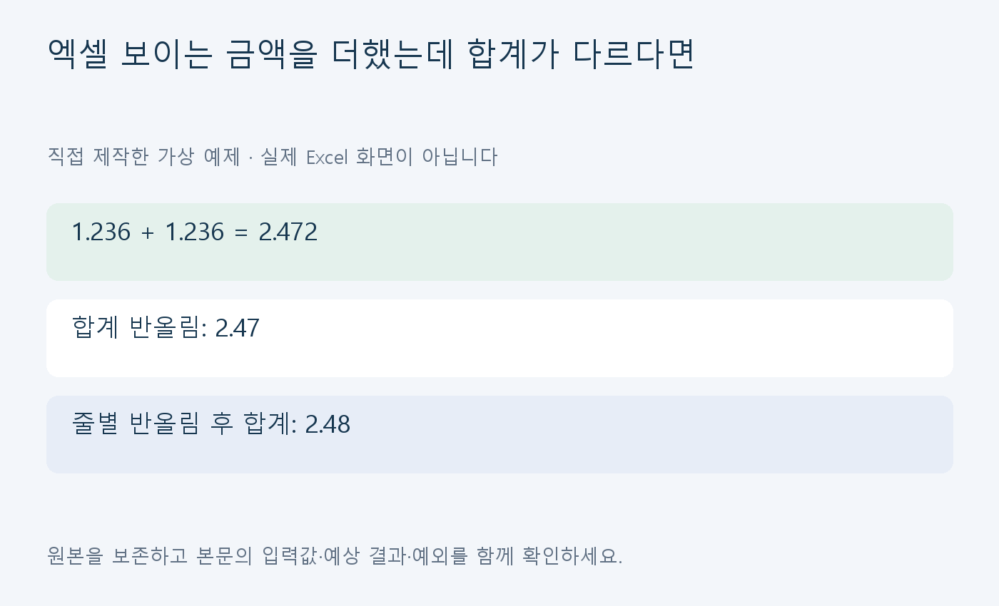 1.236 + 1.236 = 2.472 / 합계 반올림: 2.47 / 줄별 반올림 후 합계: 2.48