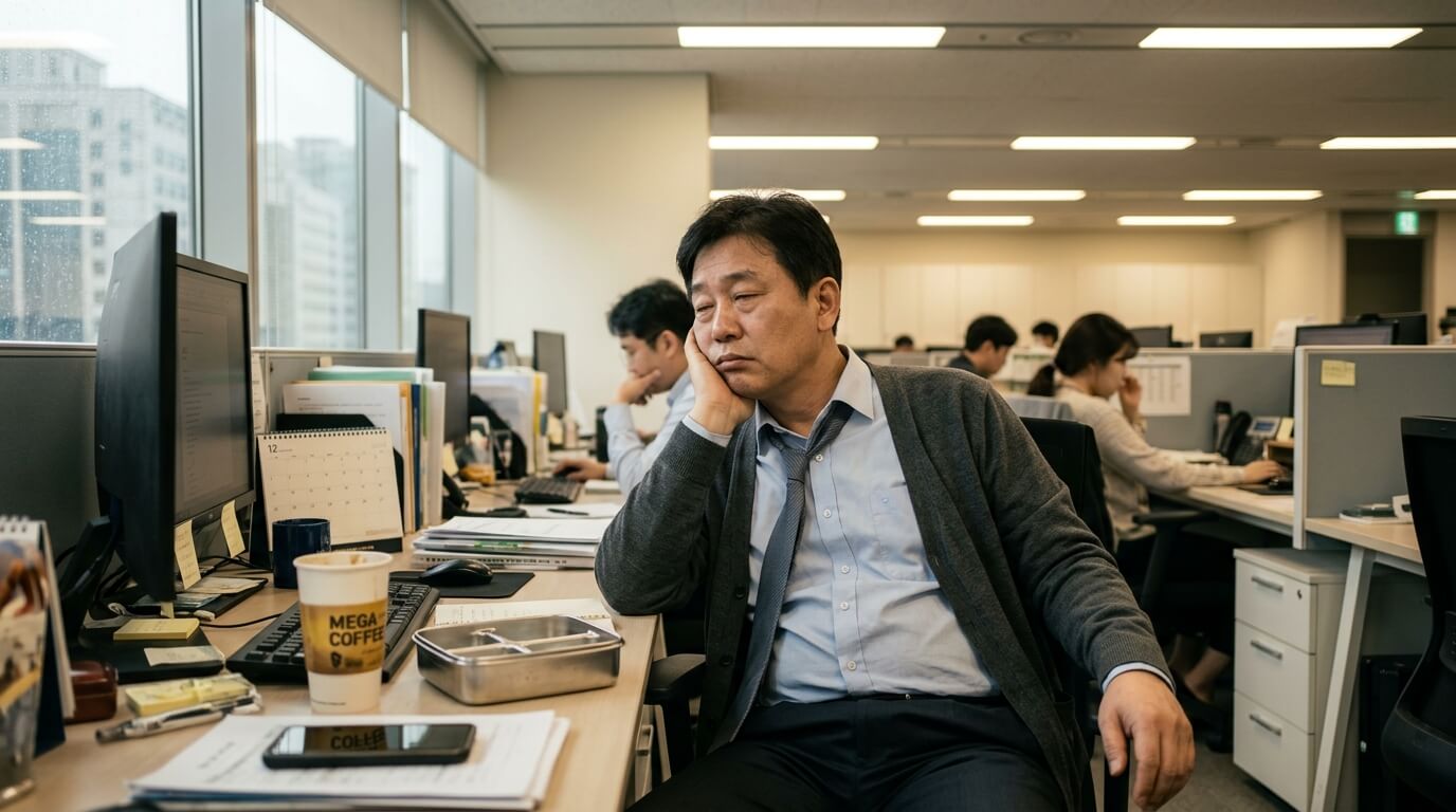 점심 식사 후 졸음을 느끼는 중년 직장인의 모습
