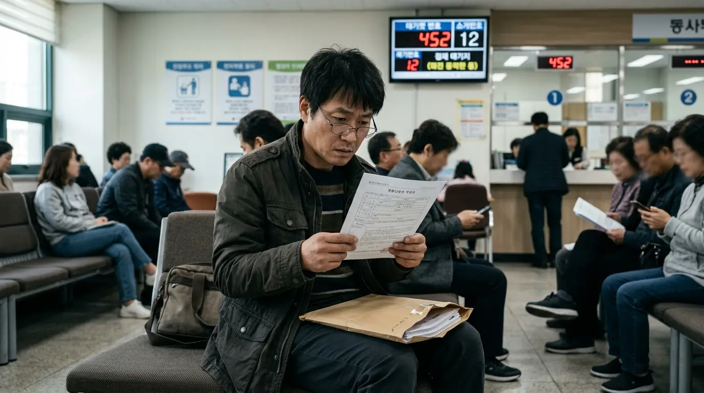한국의 관공서 민원실 대기석에서 40대 남성이 심각한 표정으로 피투피 부동산 담보 대출 관련 서류를 검토하는 모습