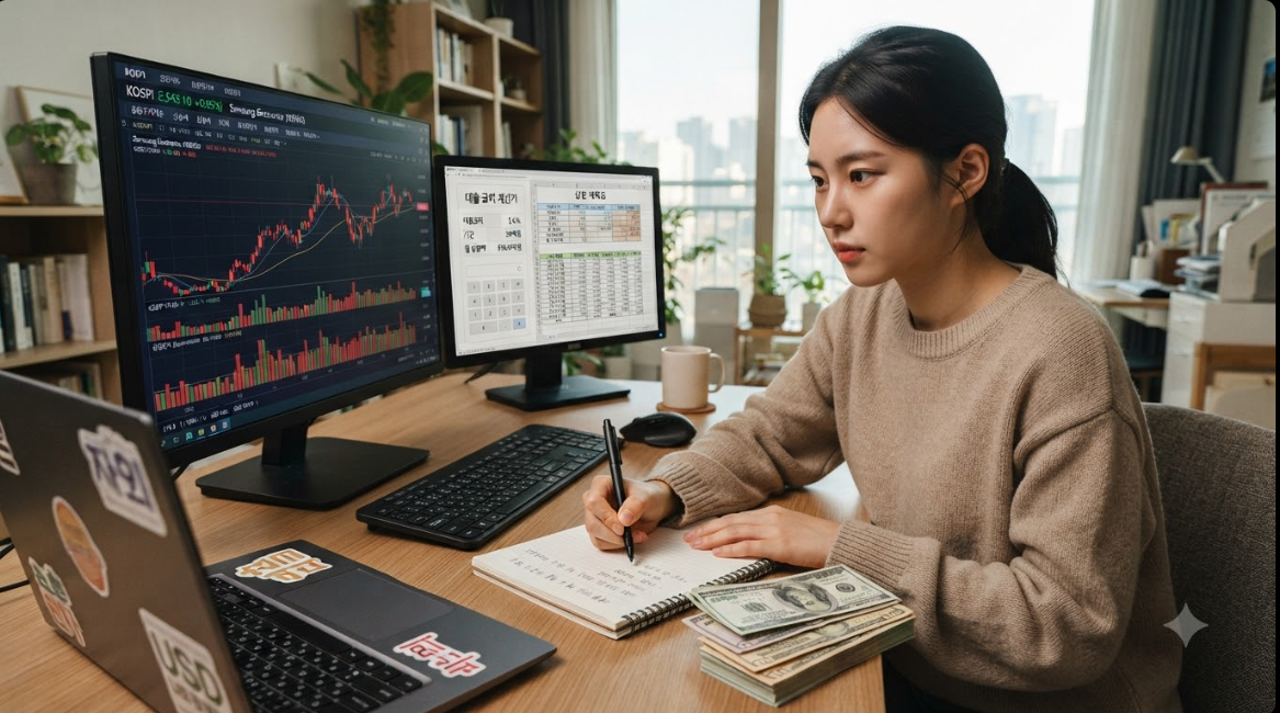 주식 차트 모니터와 대출 금리 계산용 계산기 및 달러 화폐