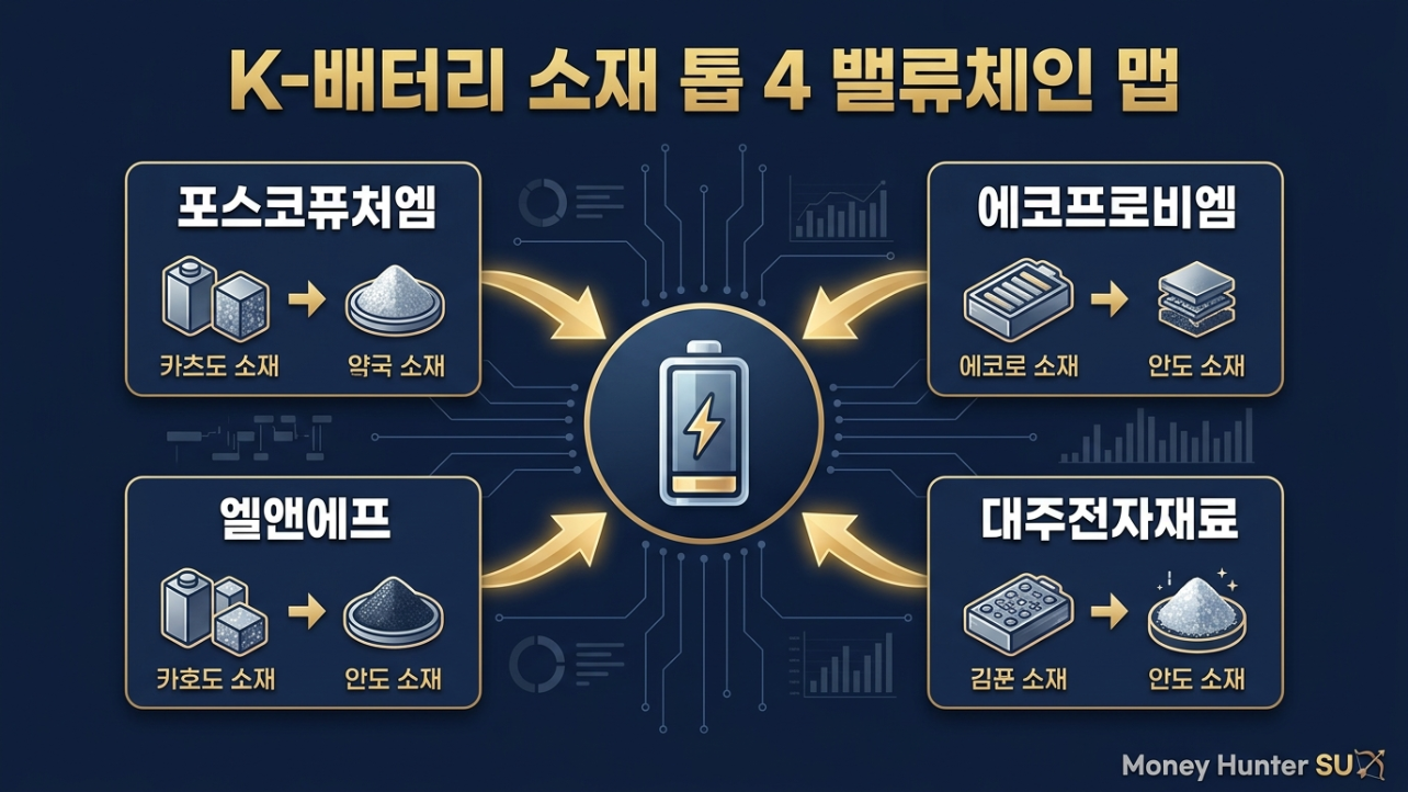 포스코퓨처엠 에코프로비엠 엘앤에프 대주전자재료 배터리 소재 4강 밸류체인 지도