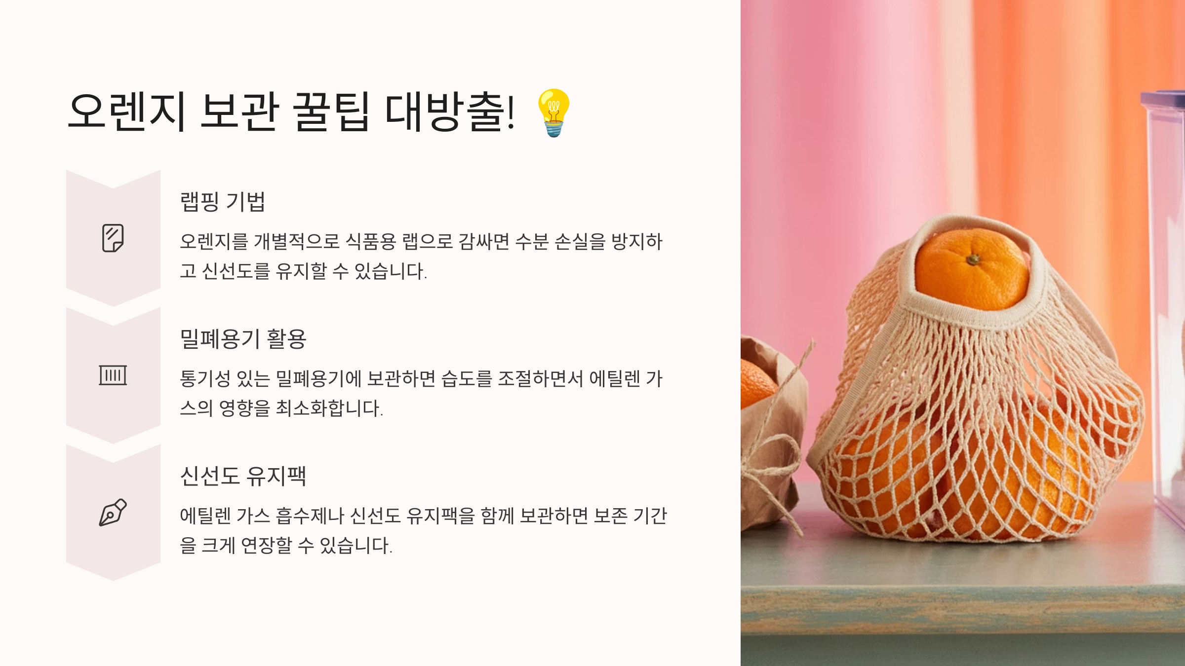 오렌지 보관 꿀팁 대방출! (랩핑, 밀폐용기, 신선도 유지팩) 💡