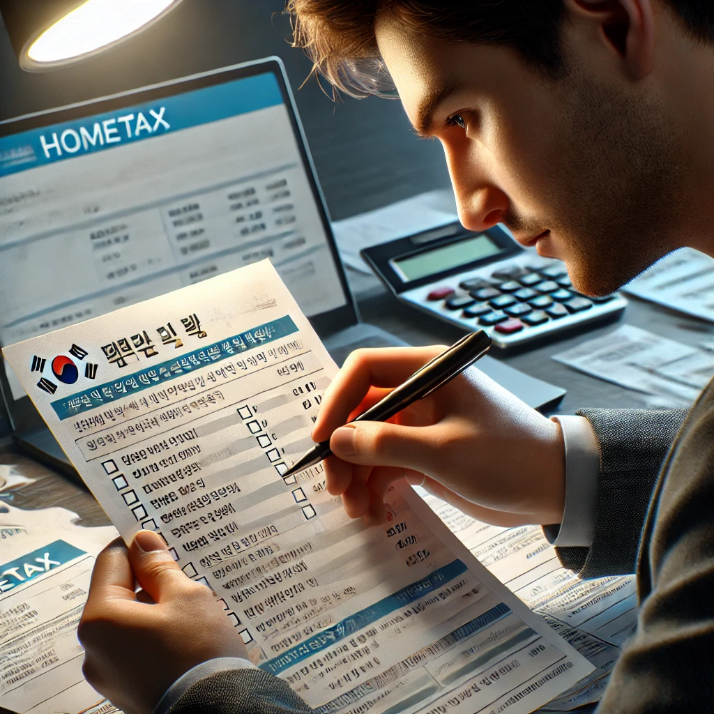 국세청 신고 도움 자료를 체크하며 서류 정리 중인 납세자