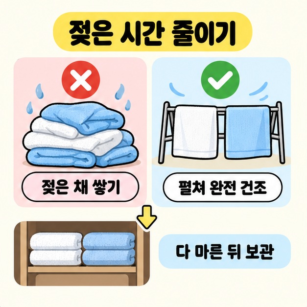 젖은 채 쌓인 수건에는 X, 건조대에 펼친 수건에는 체크를 표시하고 다 마른 뒤 수납장에 보관하는 모습을 보여주는 이미지