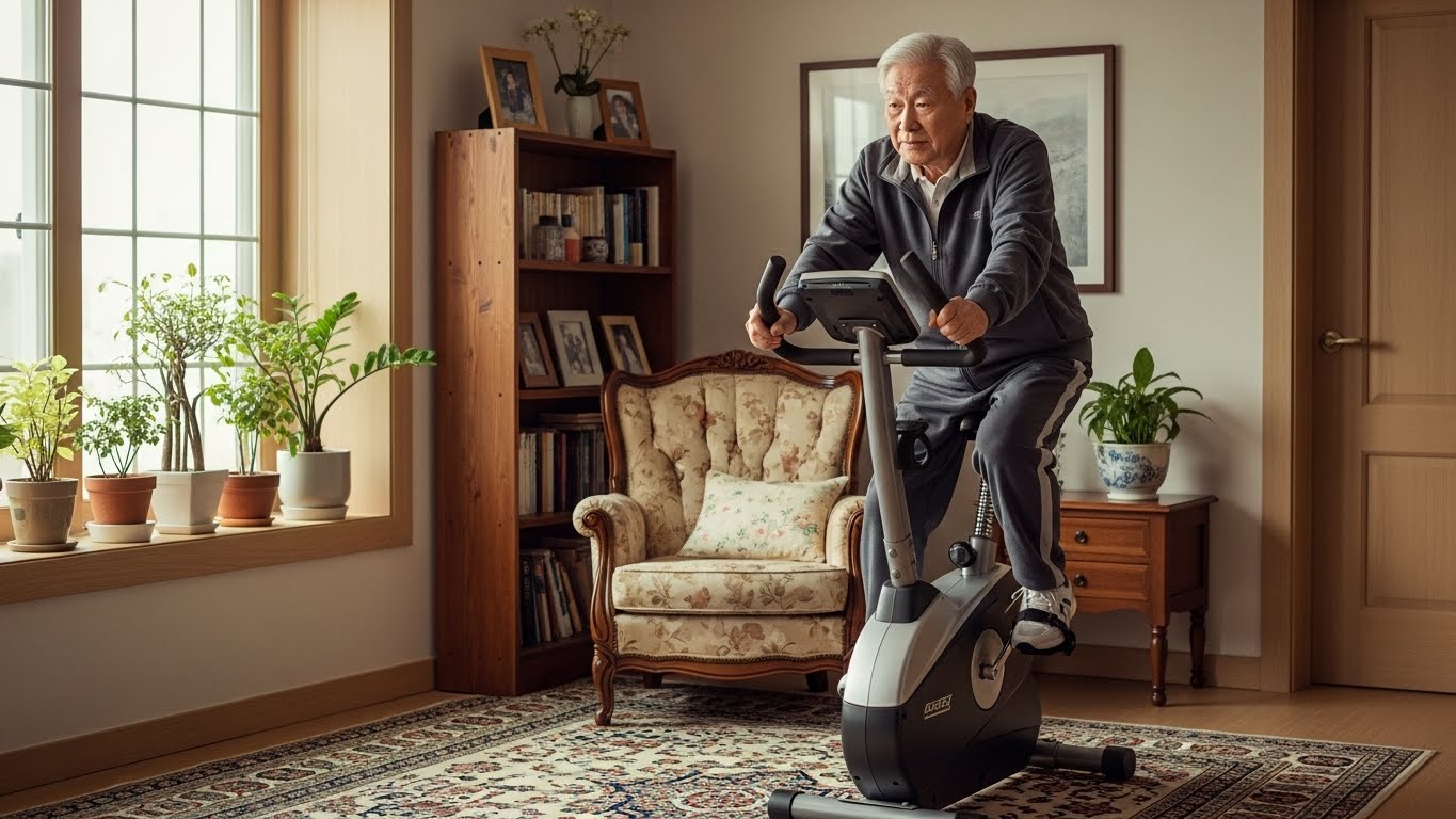 허리를 약간 숙인 자세로 실내 자전거를 타며 안전하게 하체 운동을 하는 한국 노인