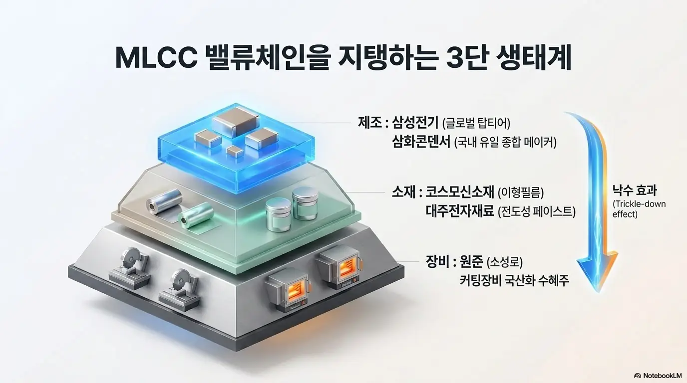 MLCC 관련주: MLCC 밸류체인을 제조와 소재와 장비 세 단계로 나눈 이미지. 제조의 삼성전기와 삼화콘덴서&amp;#44; 소재의 코스모신소재와 대주전자재료&amp;#44; 장비의 원준과 커팅장비 국산화 수혜주가 낙수 효과로 연결되어 있다. 이 이미지는 MLCC 관련주를 세 갈래로 분류한 구조를 시각적으로 전달하며&amp;#44; 블로그의 MLCC 관련주와 수혜주 주제와 관련된 내용을 설명한다 