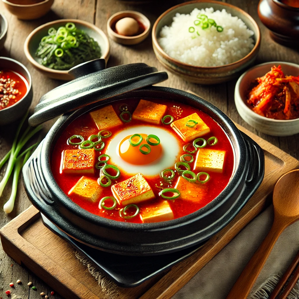 따뜻한 겨울 한식 순두부찌개, 부드러운 순두부와 매콤한 국물이 어우러진 찌개가 돌솥에 담겨 있고, 밥과 김치가 곁들여진 전통적인 한식 식탁 풍경.