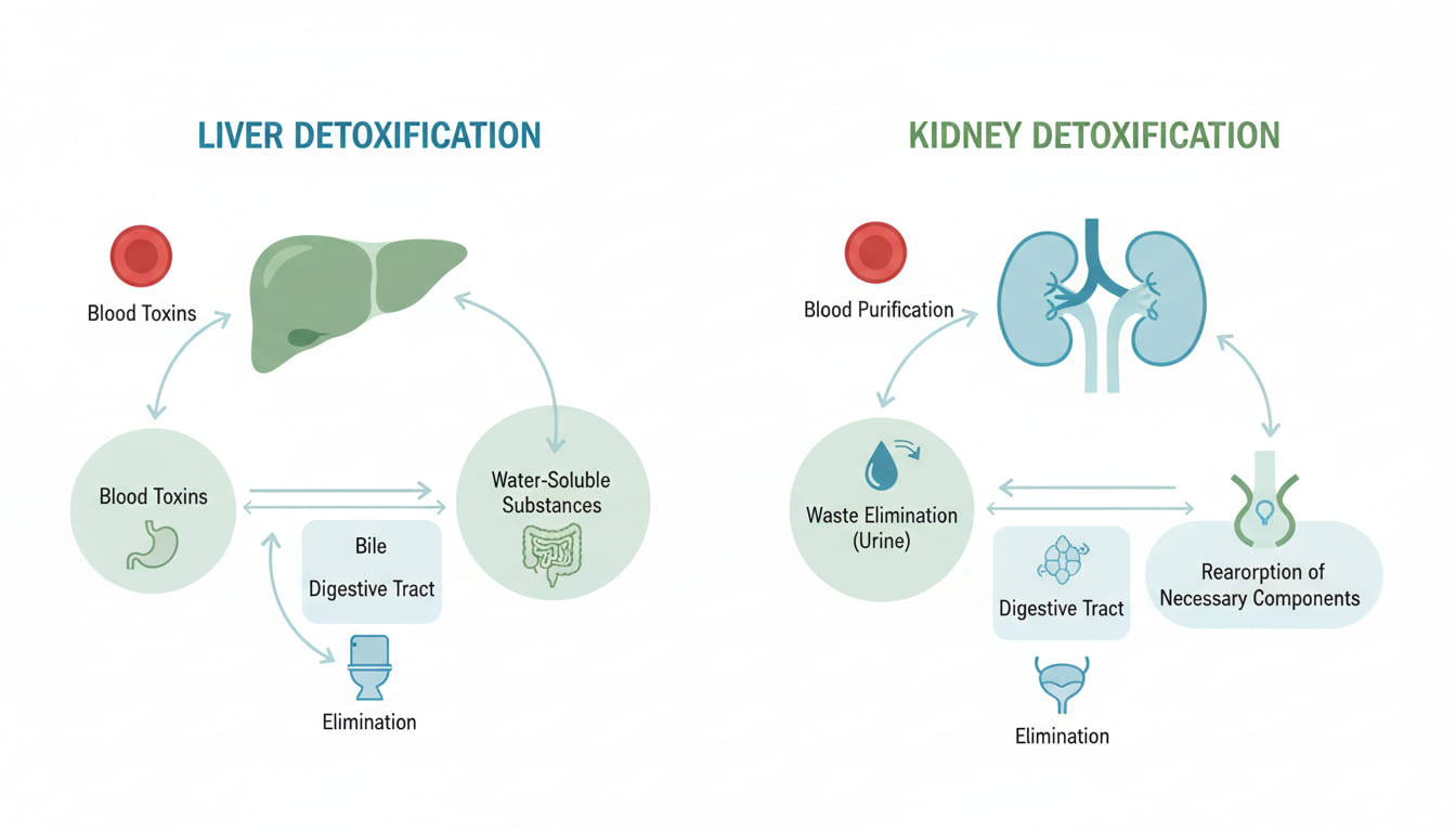 간과 콩팥이 체내 독소를 처리하는 과정을 보여주는 그림.